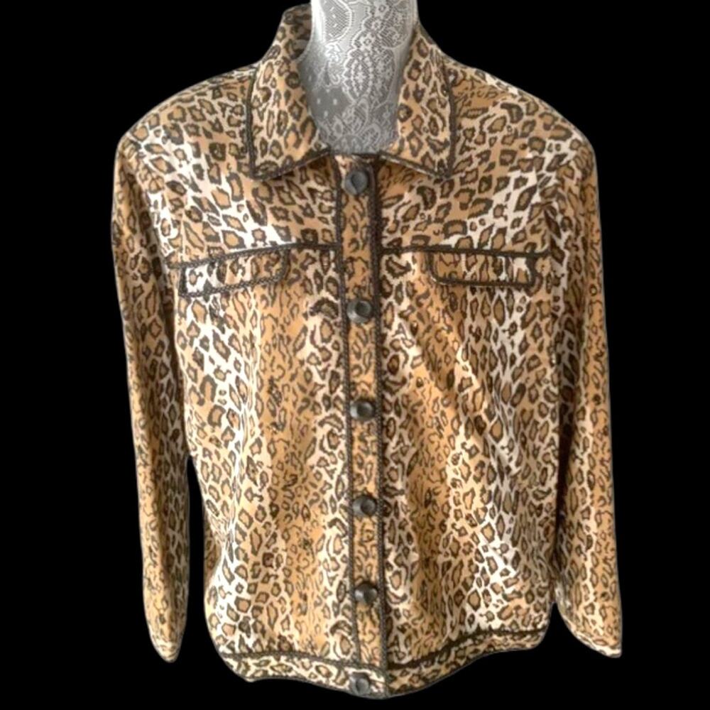 ANAGE Vintage leopard motif Jacket w/ Leather braid piping Sequins L